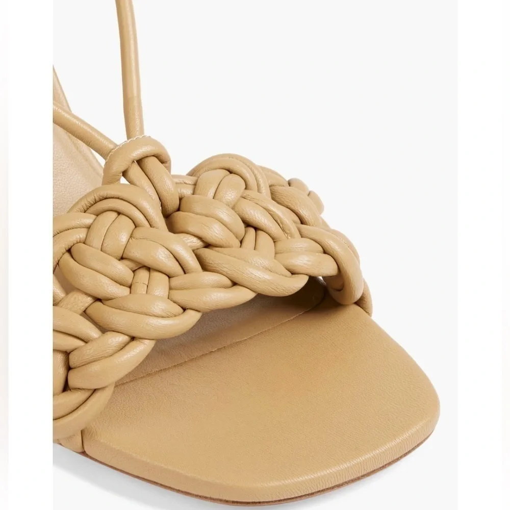 Vince braided leather “Quenelle” slingback heeled strappy sandals in “dune” tan